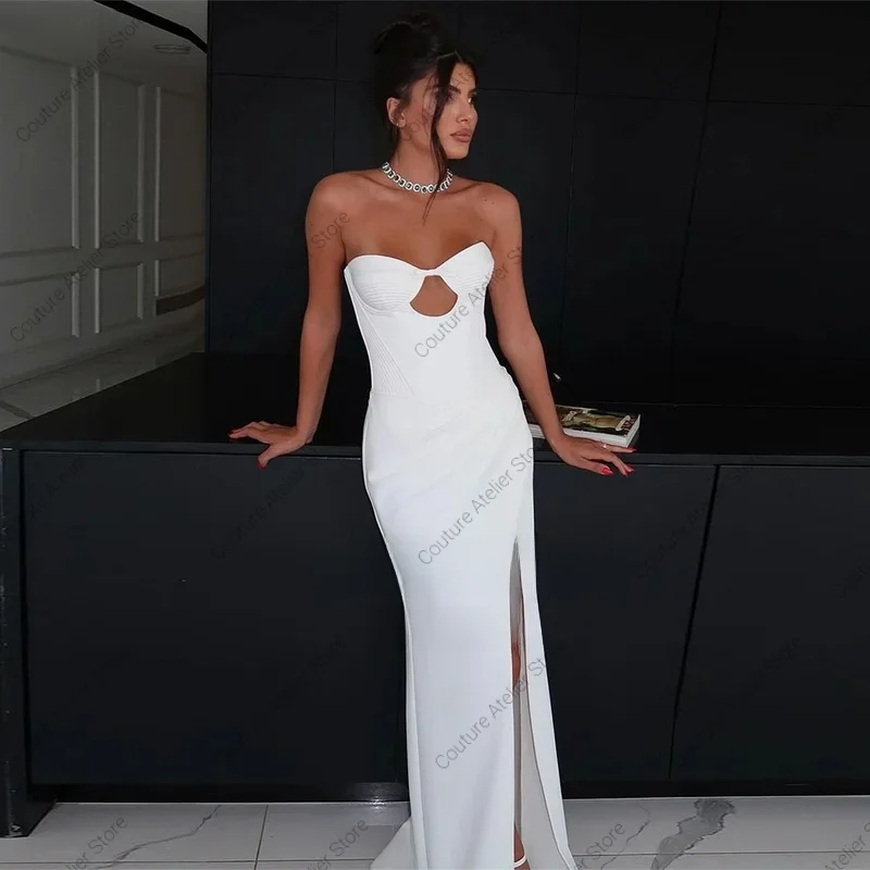فستان زفاف أبيض حديث للنساء حورية البحر بفتحة عالية الساق بدون حمالات فساتين حفلات مشد من الساتان رداء De Mariée مخصص #1
