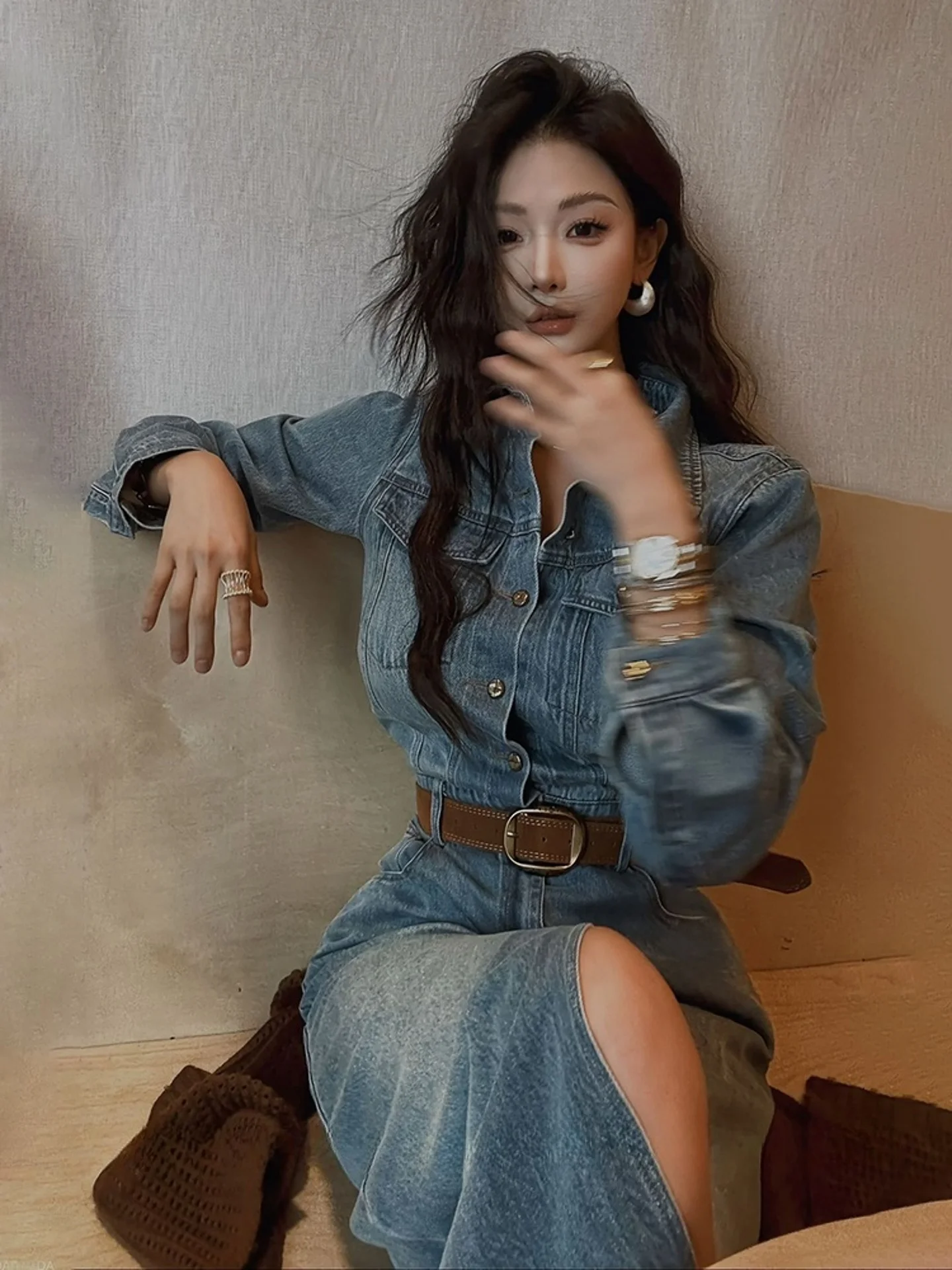 Bleu col décontracté Dr femmes taille haute a-ligne jupe Polyester fibre longue Sve automne Faion Street Sle