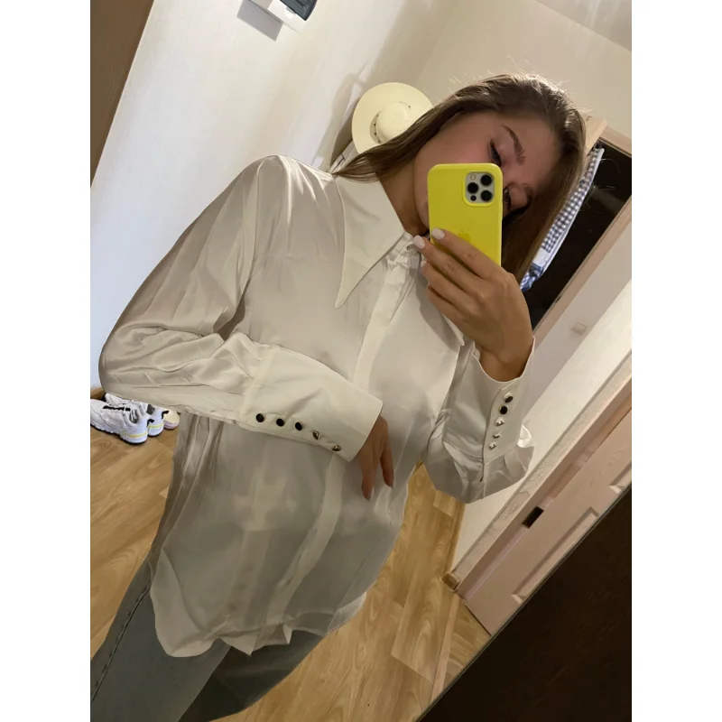 Spring Vintage Satin Silk Women Shirt Turn Down Collar Woman Loose Blouse White Long Sleeve Shirts Blusas Office Lady Tops 16946