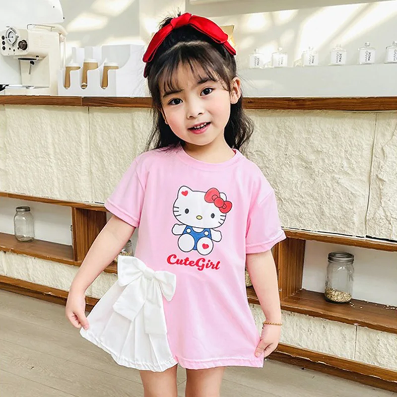 Summer Sanrio Girl Baby Dresses Cinnamoroll Melody Kuromi Bow Dress Baby Girl Cute T Shirt Style Dress for Outfit Party Travel