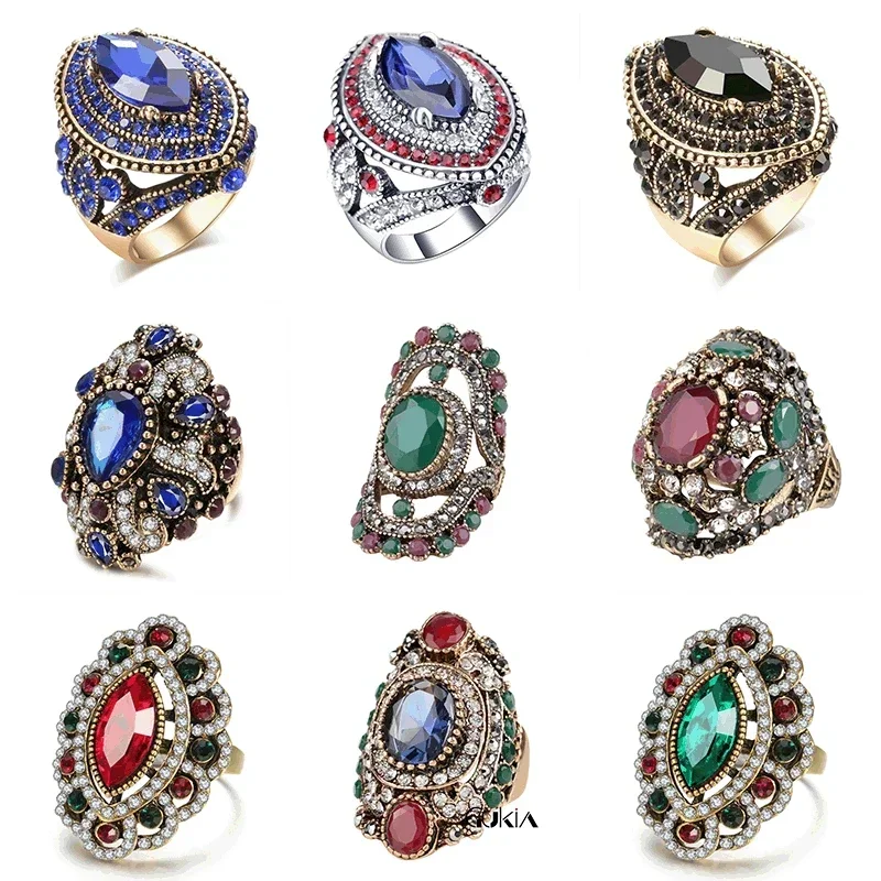 Vintage Middle Eastern Ethnic Style Creative Crystal Resin Women\'s Ring 2023 New Gorgeous Party Turkish Jewelry Accessories