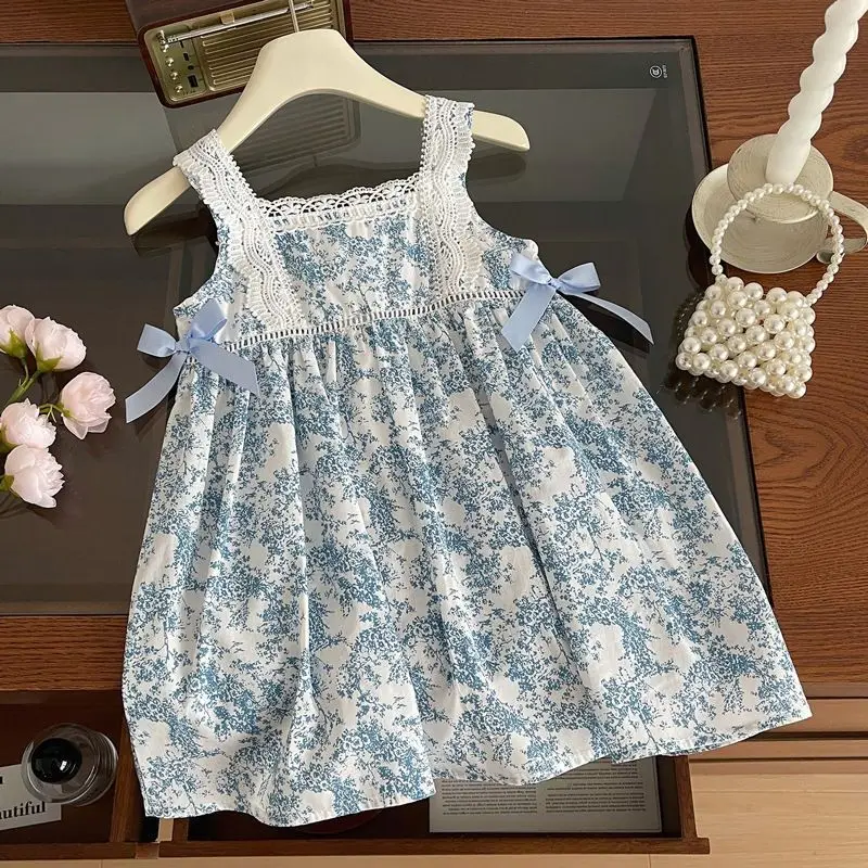 Childrens Girls 2026 Summer Fashion New Backless Sleeveless Stylish Dress Baby Floral Bowknot Strap Princess Dress
