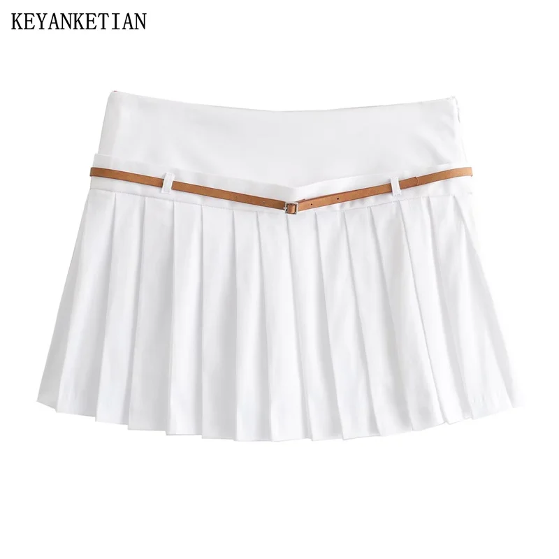 

KEYANKETIAN 2024 New Launch Women's White Pleated Skirt Preppy Style With Belt Side Zipper Low waist A-line Mini Skirt Pantskirt