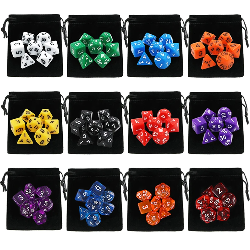 7 stk/partij DND Dobbelstenen Set met Fluwelen Dobbelstenen Zak D4, D6, D8, D10, D10%, D12, D20 Kleurrijke Accessoires voor Bordspel, DnD, RPG GYH