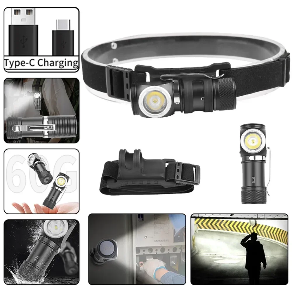 800 Lumens Right Angle Flashlight Rechargeable LED Headlamp with Clip Tail Magnet Powerful Lightweight Head Light Waterproof