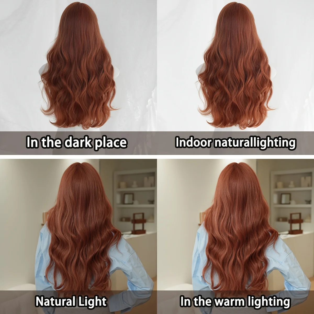 7JHH WIGS Long Water Wave Coppery Brown Wigs for Women Synthetic Modest Fashion Wear and Go Orange Wigs with Neat Bangs - view 6