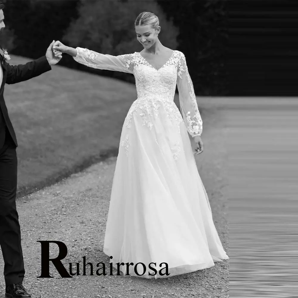 فساتين زفاف كلاسيكية من Ruhair للعروس مزينة برقبة على شكل حرف v وأربطة وأكمام منتفخة من التل الرسمي Suknia Slubna حسب الطلب