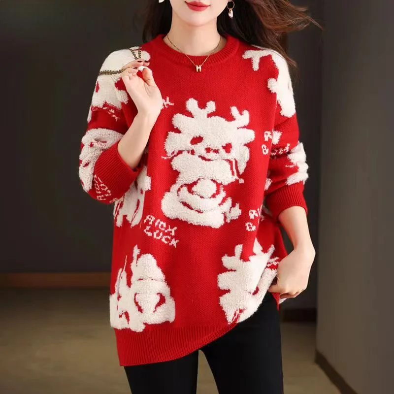 

Sweater women's thickened wool splendid knitted sweater top Guochao winter couple clothing dragon year natal year clothes