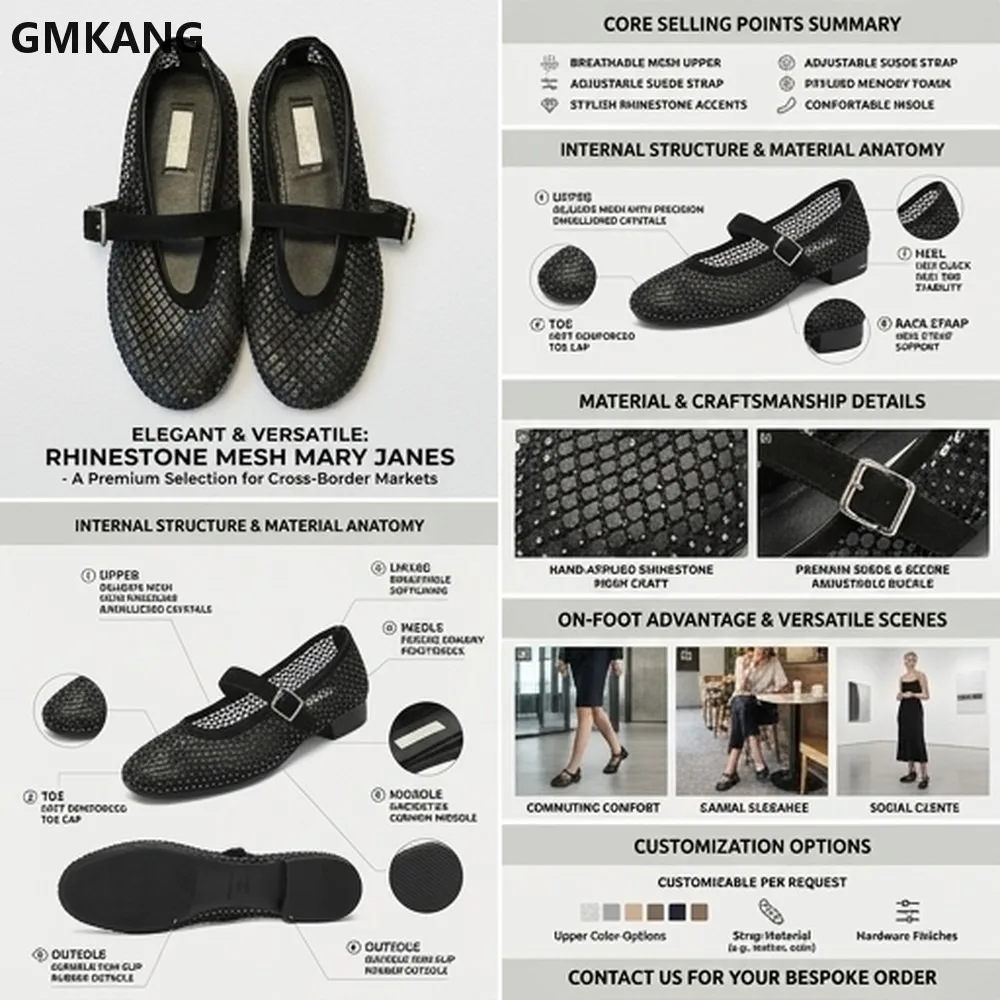 Women's Rhinestone Ballet Flats Suede Mary Jane Shoes, Retro Hollow Fishnet Design, Comfortable Slip On Round Toe