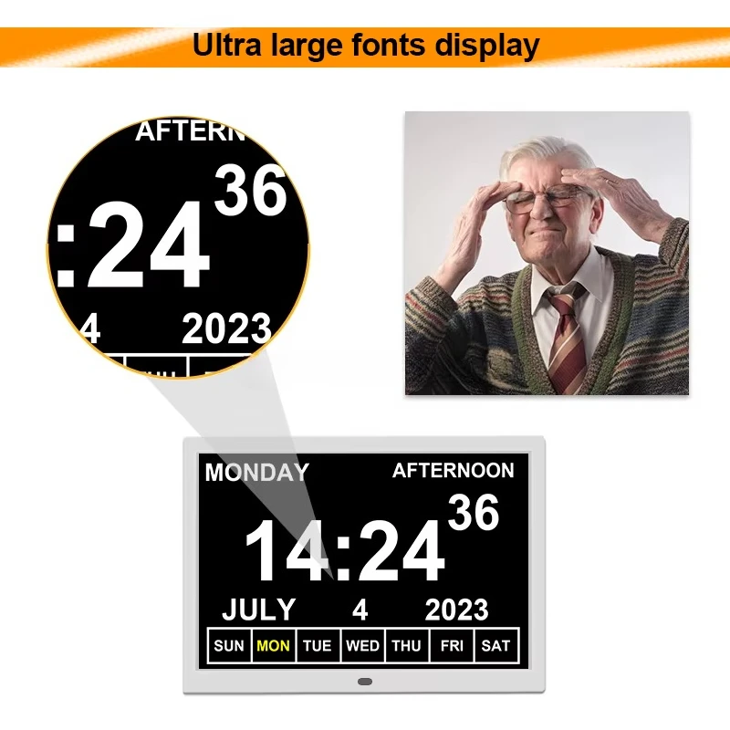 15 التقويم الرقمي ساعة تنبيه كبيرة التناظرية التلقائي يعتم ساعة تاريخ اليوم الزهايمر الخرف فقدان الذاكرة الرؤية المؤعفة