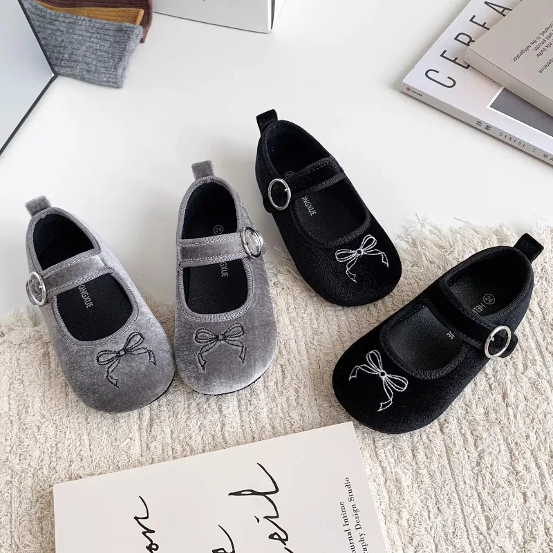 Girls Suede Mary Jane Shoes Bow Embroidery Kids Leather Shoes Wedding Party Non-Slip Children Princess Shoes Daily Wear Causal