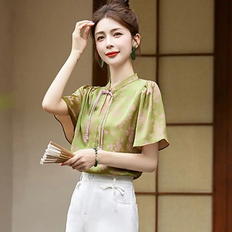 Nowa koszula damska w stylu chińskim zapinana na guziki, żakardowa, letnia, nowa, elegancka, luksusowa bluzka.