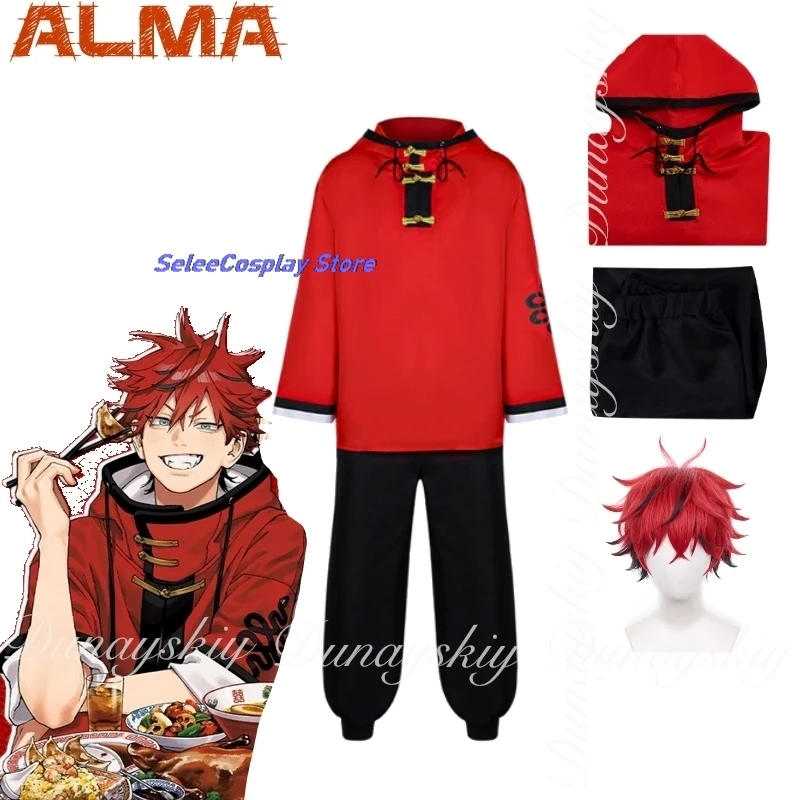هالوين Gokurakugai أنيمي ألما تأثيري مع البلوز الأحمر مجموعة أسود يسلط الضوء على شعر مستعار أحمر المرأة كرنفال ملابس لعب الأدوار