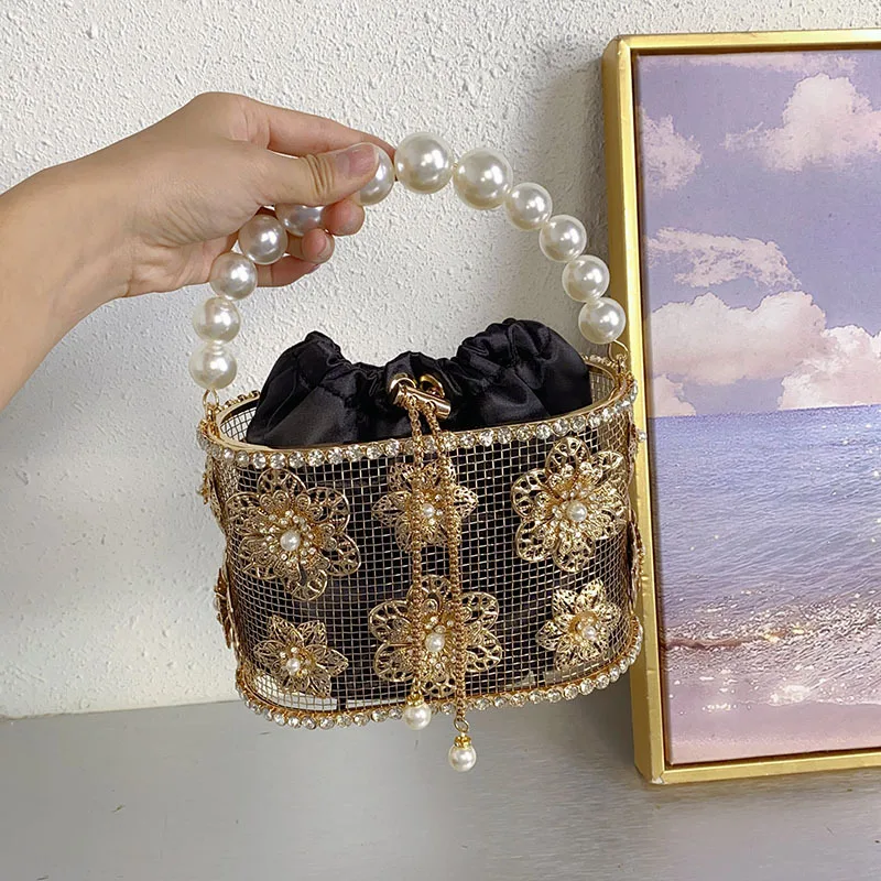 

Металлическая корзина для овощей с подсолнухом и жемчугом, птичья клетка, сумка-ведро, банкетная сумка-мессенджер с ромбовидной бахромой