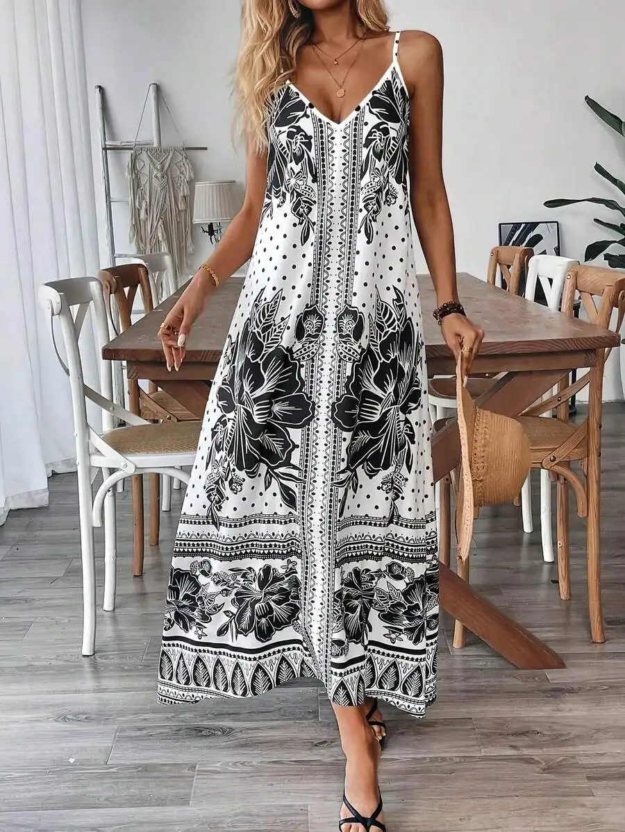

Womens V-Neck Sleeveless Floral Print Maxi Dress Casual Summer Boho Style