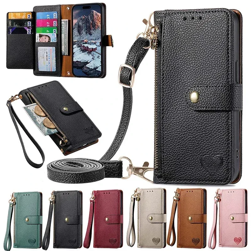 

Lanyard Zipper Leather Wallet Case For Samsung Galaxy A34 A06 A16 A05 A05s A15 A25 A35 A55 A14 A24 Wrist Strap Cover