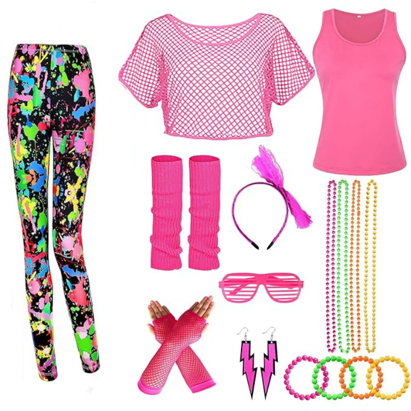 10Pcs/set Women 80s Fancy Workout Costume 80s Accessories Set Neon Mesh T-shirt Leg Warmers Gloves Earrings Necklace Fanny Pack