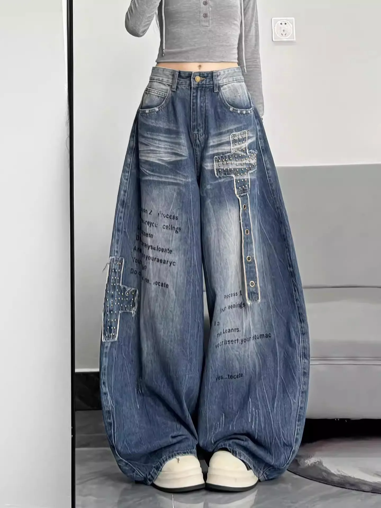 American High Street Floor Embroidered Denim Retro Women's Spring New High Waisted Loose Wide Leg Pants Y2K Straight Leg Pants