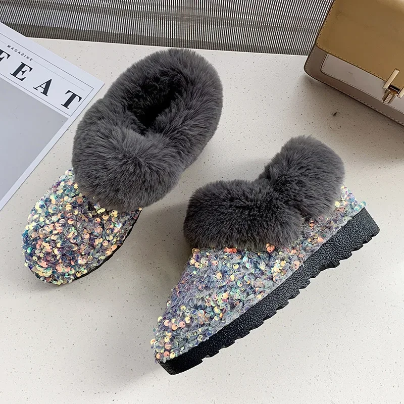 Women Boots Glitter Short Boots Female Cozy Warm Ankle Boot Woman Flat Furry Shoes Women\'s Bling Snow Boots Zapatos De Mujer