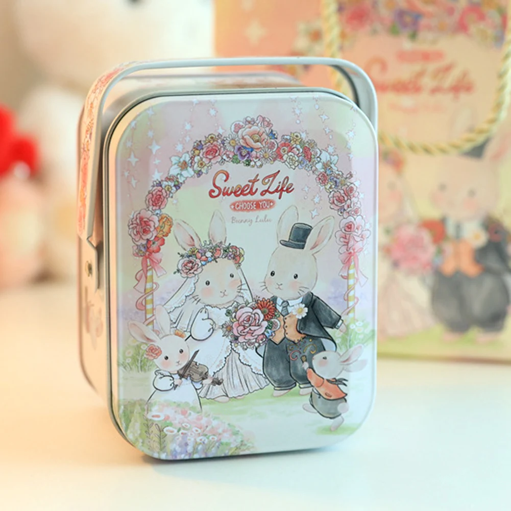 Metal Rabbits Candies Tin Box With Handle Portable Biscuits Storage Case Cartoon Pattern Candy Box For Present Wrapping Supplies