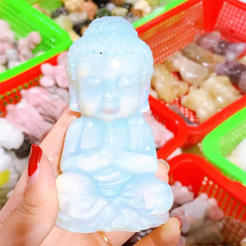 

Natural White Opalite Buddha Carving Quartz Healing Crystal Stone Cute Birthday Present Home Decoration 1PCS