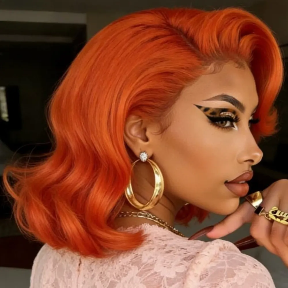 

Парик из натуральных волос Ginger Orange Bob Body Wave, без клея, с предварительно выщипанной линией роста, 13x4 HD, с эффектом свободных волн, плотность 250%