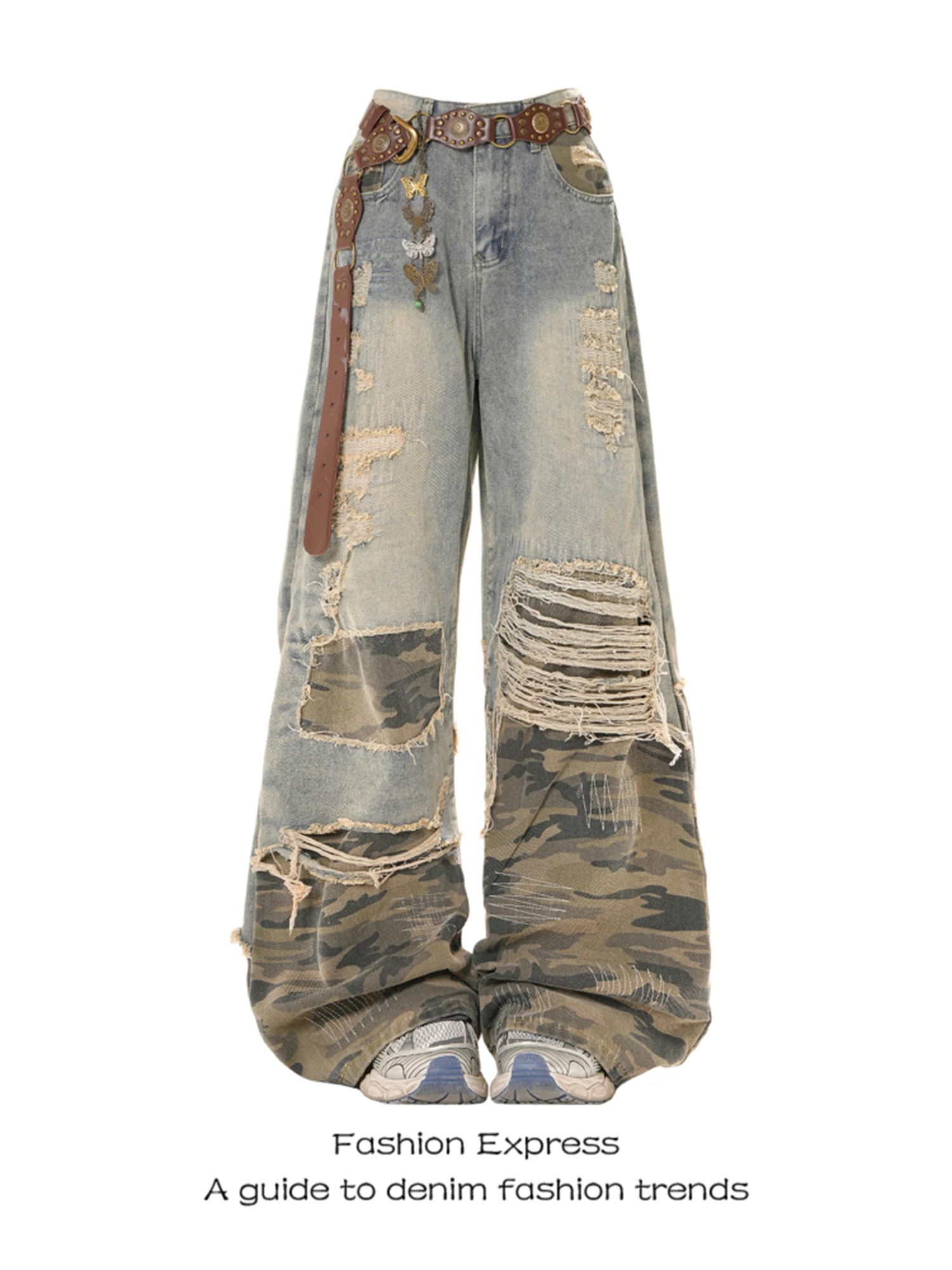 

Y2K женские винтажные рваные джинсовые джинсы камуфляжные лоскутные широкие брюки 2025 модная уличная одежда повседневные брюки