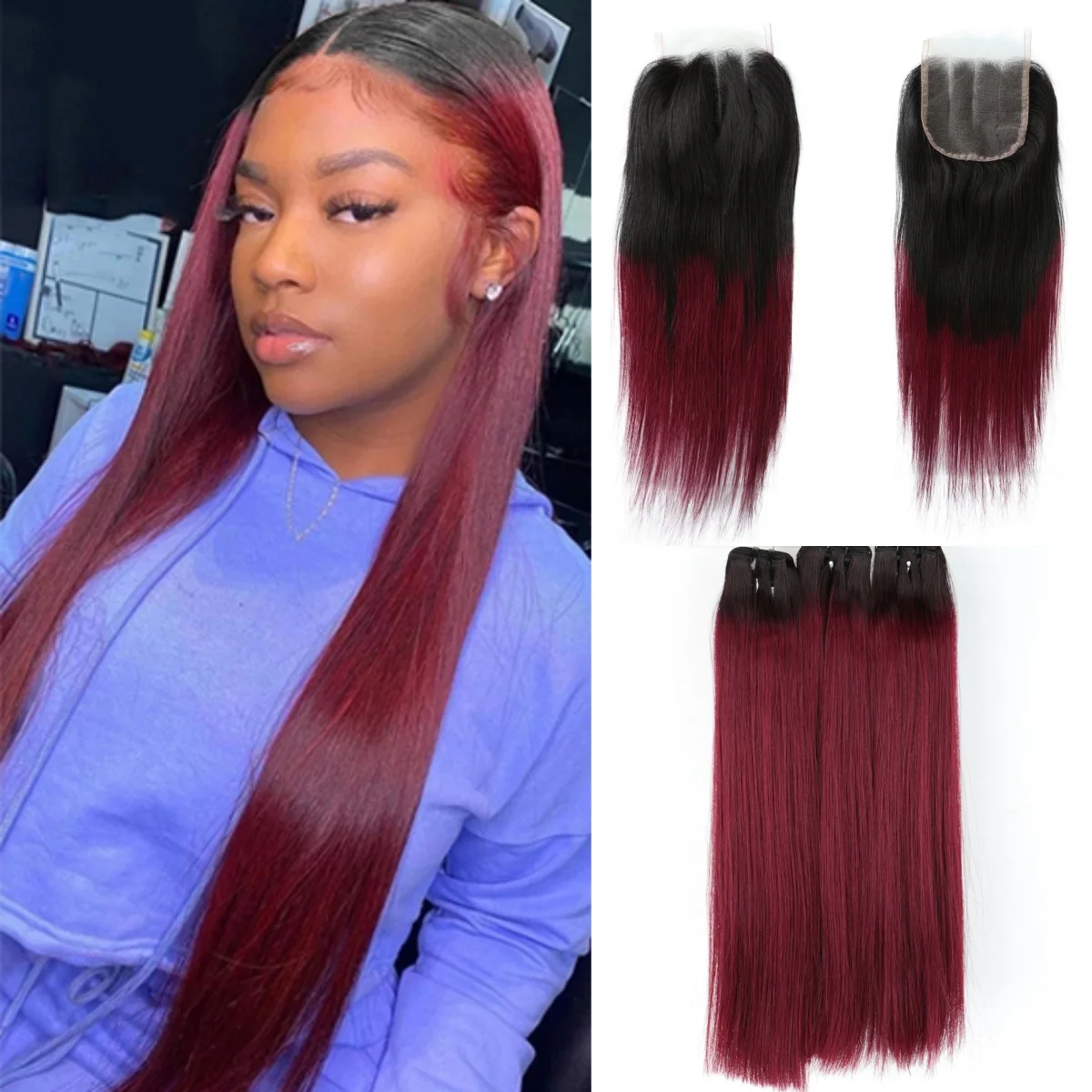 부르고뉴 옹 브르 1B/99J 스트레이트 인간의 머리카락 묶음 (클로저 3 PCS 번들 100% 인간의 머리카락 직조 투명 4X4 레이스 클로저)