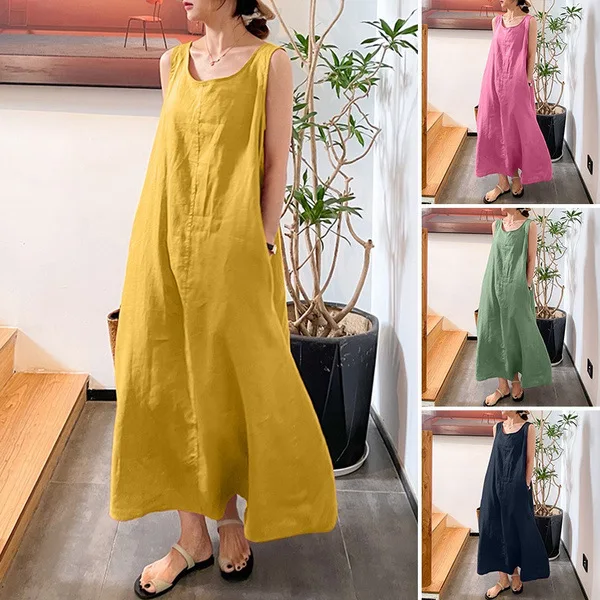 Summer long version suspender cotton and linen simple wind loose pocket round neck temperament  women's vacation dress