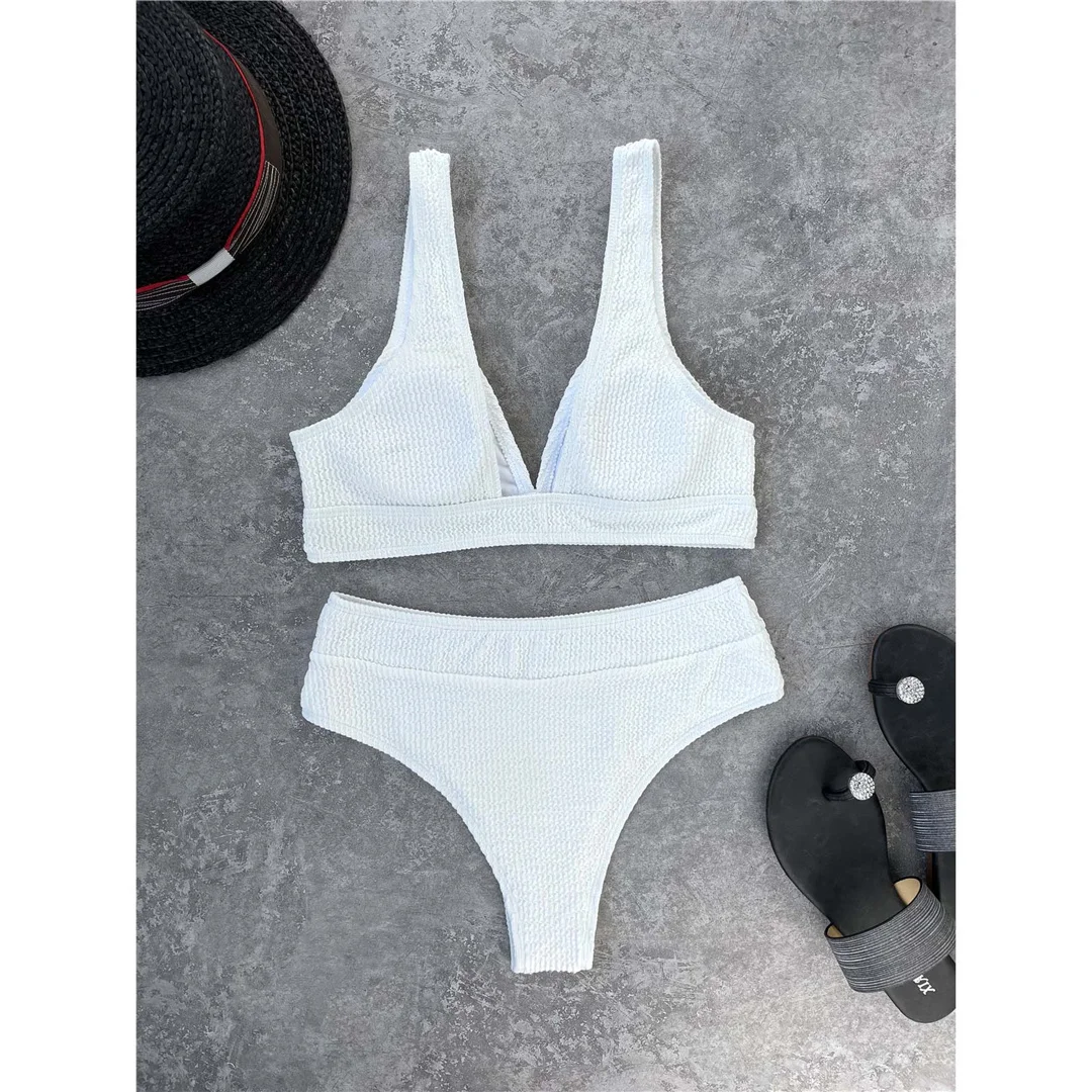 Gefalteter, geraffter Damen-Badeanzug mit V-Ausschnitt, hochtaillierter Bikini, zweiteiliges Bikini-Set, Badebekleidung, Badeanzug, Modell V3590. – Detail 28