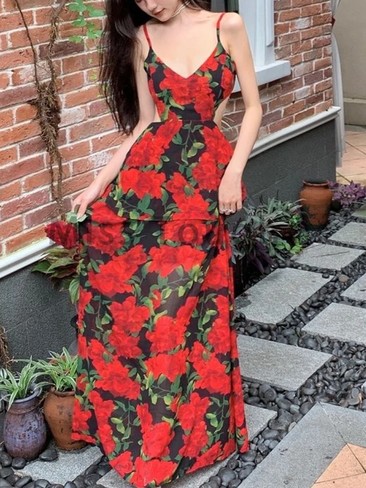 French Chiffon Sweet Strap Dress Women Summer New Red Rose Floral Y2k Clothing Female Korean Fashion Chic Boho Sexy Dress 2024