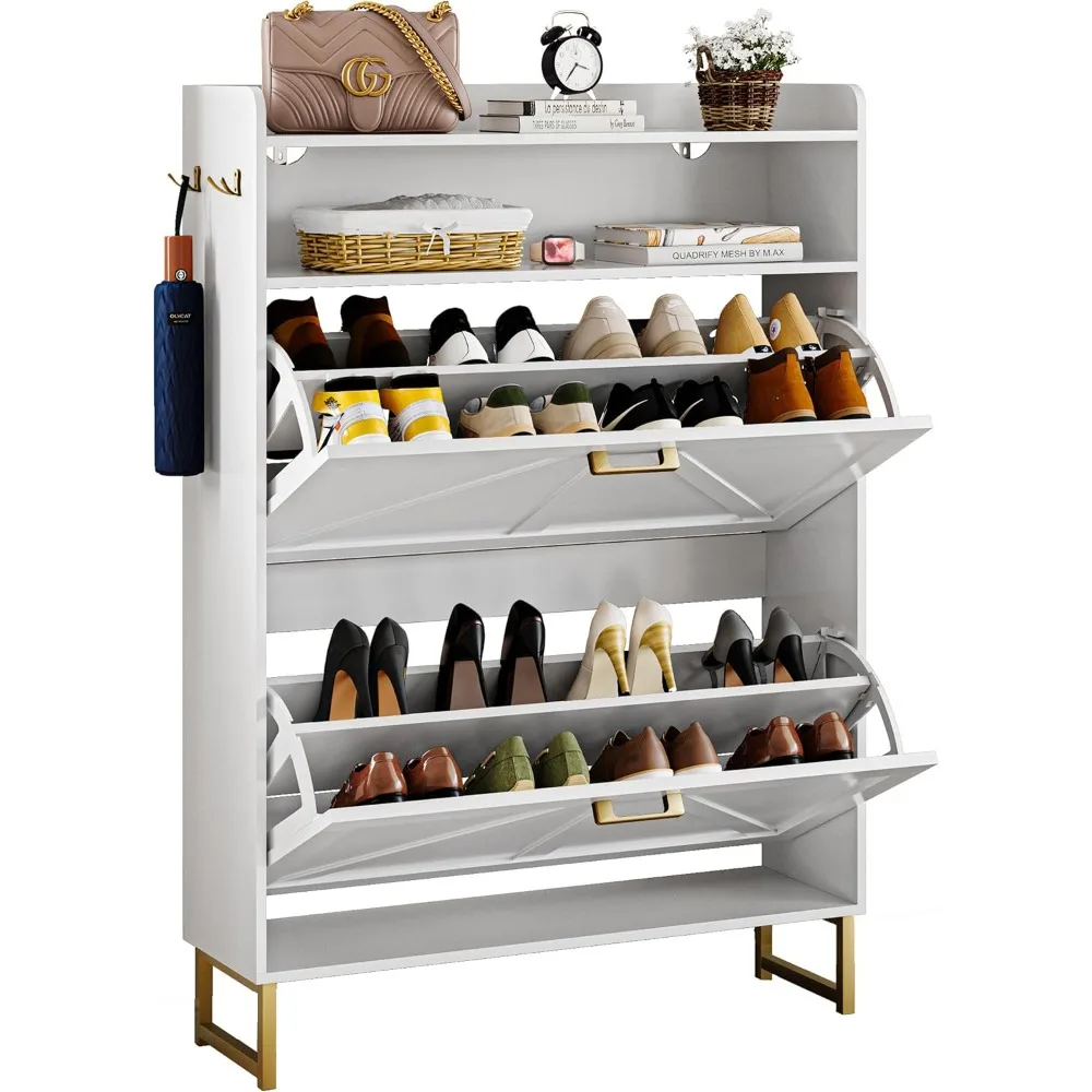 

Ultra Thin White Shoe Cabinet with 2 Flip Drawers, Independent Wooden Shoe Cabinet with Metal Legs and Hooks