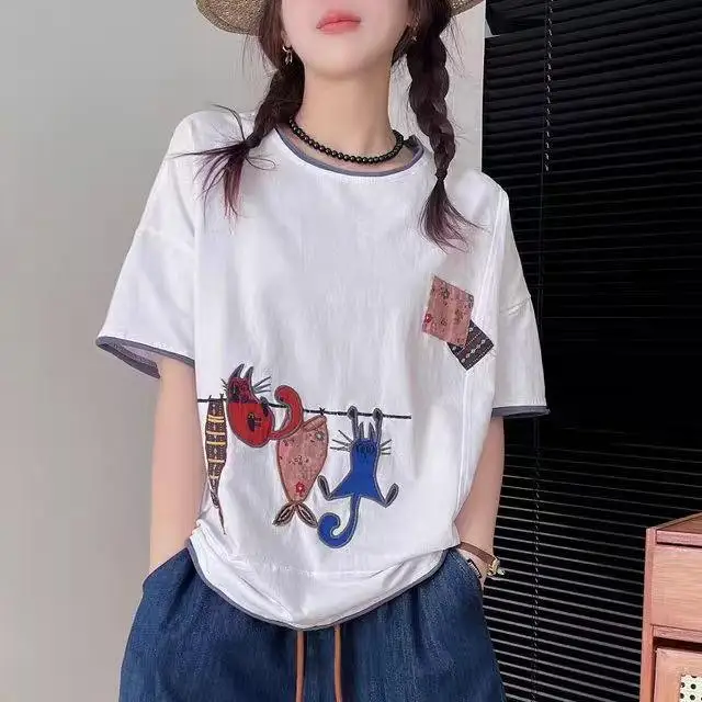 Dimanaf 2024 New Summer Women T-Shirt Basic Short Sleeve Cat Embroidered Printing Loose White Casual O-Neck Big Tops T-Shirt New