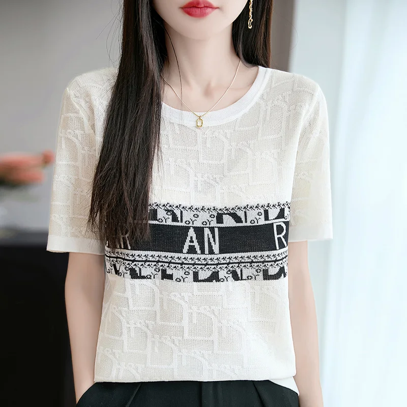 Women's Sweater Summer 100% Lyocell Letter Printed Round Neck Short Sleeve T-shirt 2025 New Solid Color Fashion Korean Edition