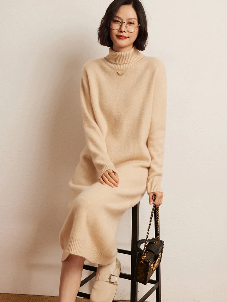 100% Cashmere Sweater Long Dress New Women High Turn-down Collar Pullover  Soft Cosy Autumn Winter Casual Solid Knitwear Dress