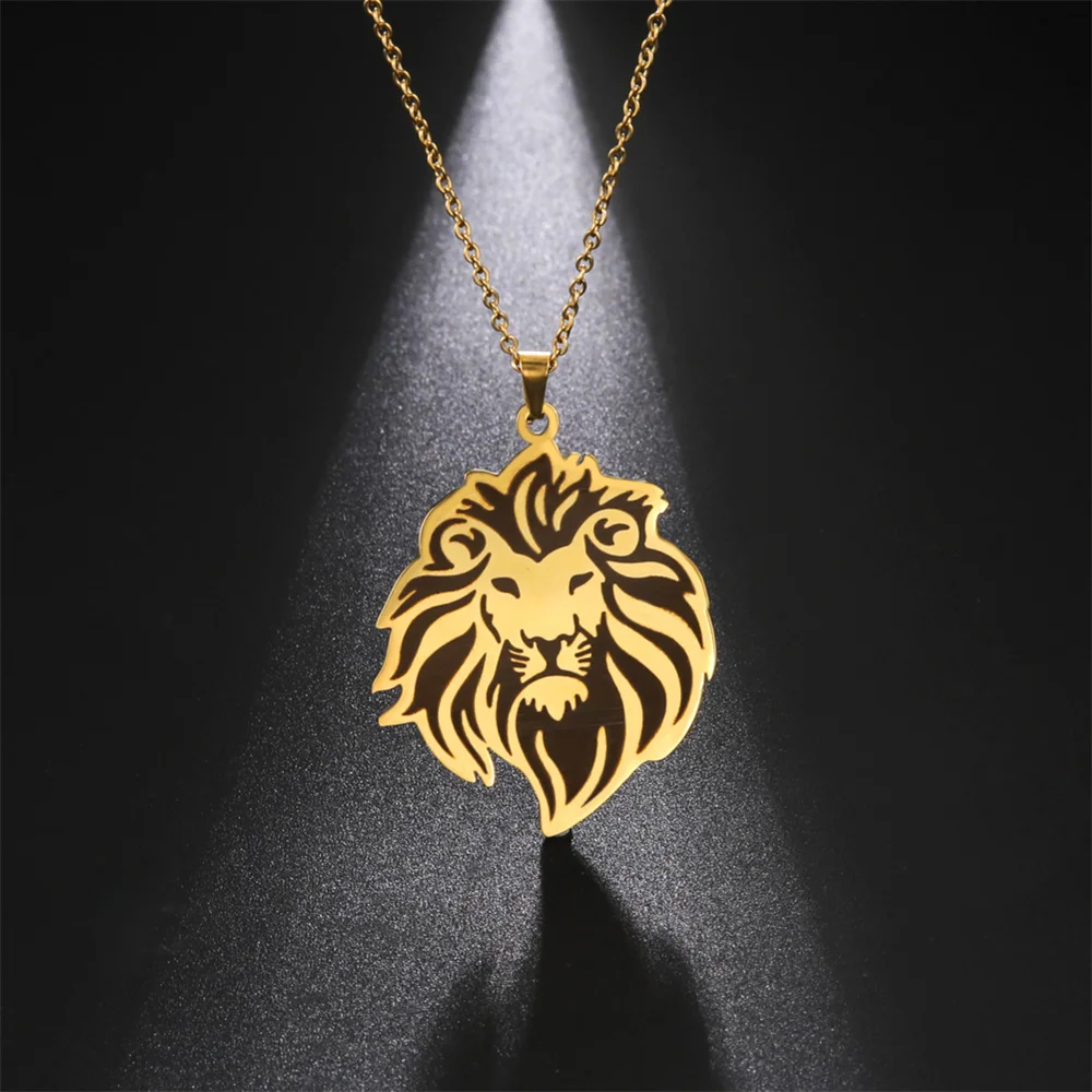 My Shape Punk Lion Head Pendant Necklace for Men WomenStainless Steel  Animals Necklace Choker Box Chain Fashion Jewelry Male