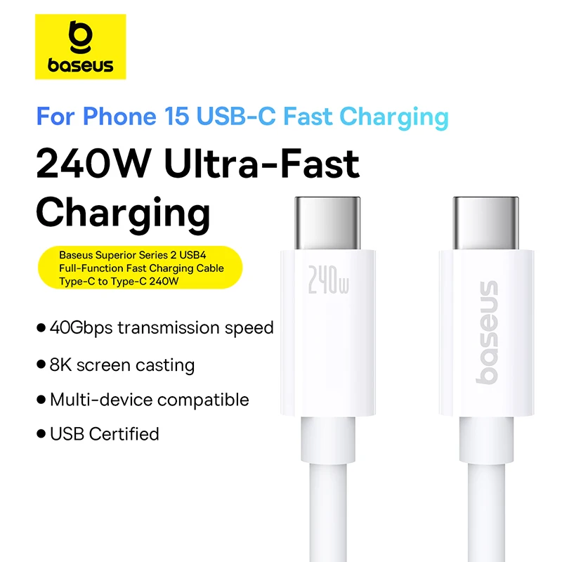 Baseus 240 واط USB C كابل USB 4.0 40Gbps كابل بيانات USB C كابل لماك بوك 8K/60 هرتز نوع C إلى نوع C USB C كابل آيفون 15
