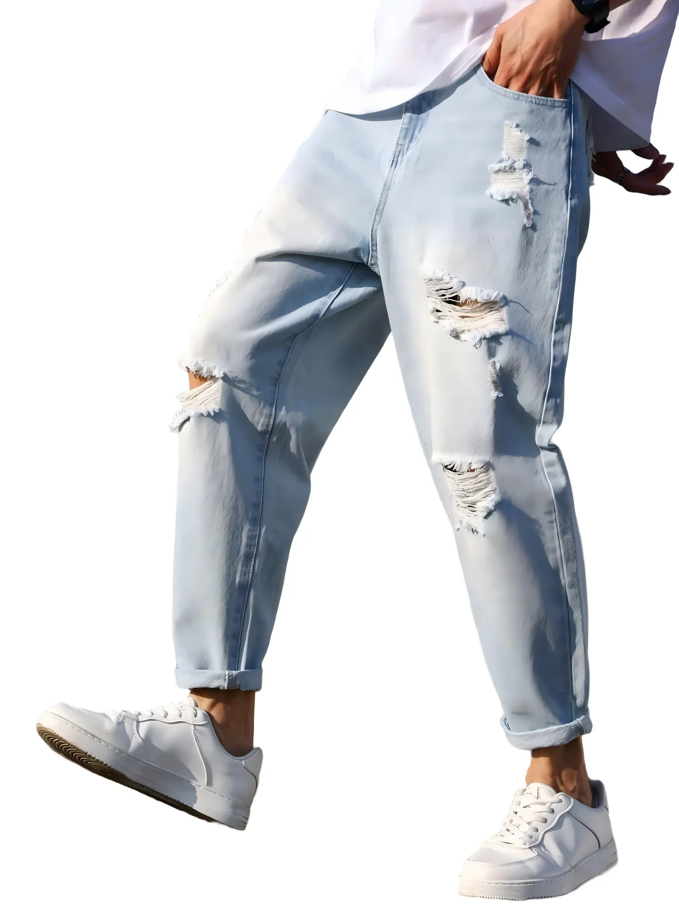 

Мужские рваные джинсы на осень, модные брендовые свободные укороченные брюки прямого кроя, синие крутые шаровары.