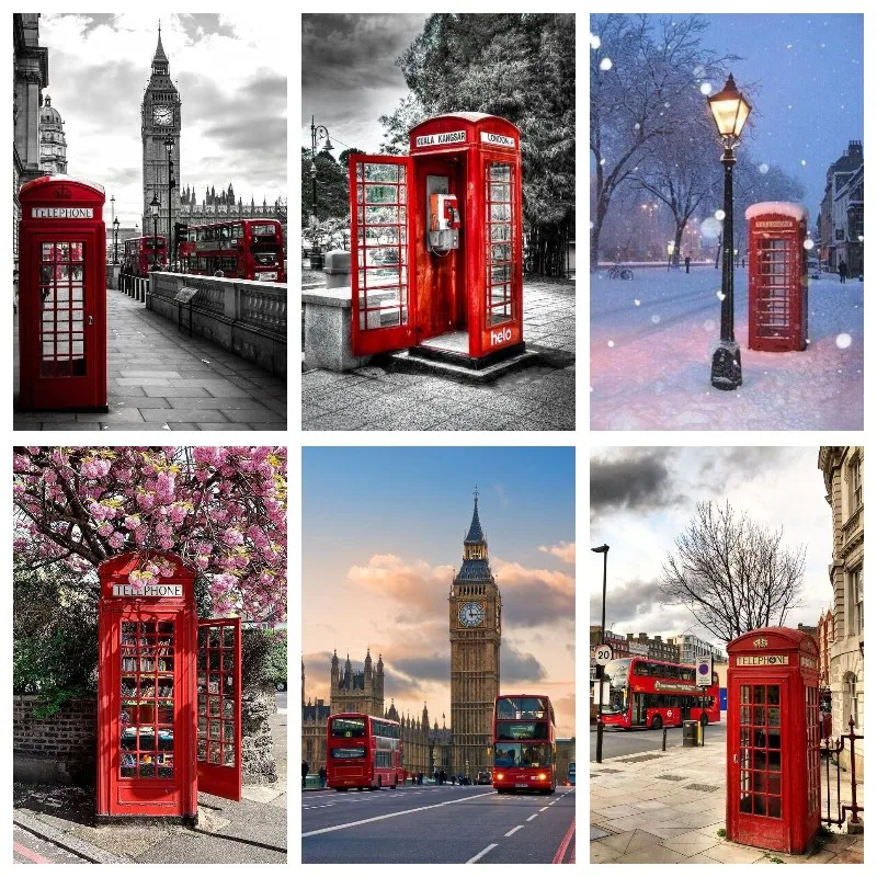 

Diy Mosaic Modern Art London Street Landscape Red Telephone Booth And Big Ben Diamond Painting Poster Cross Stitch Home Decor