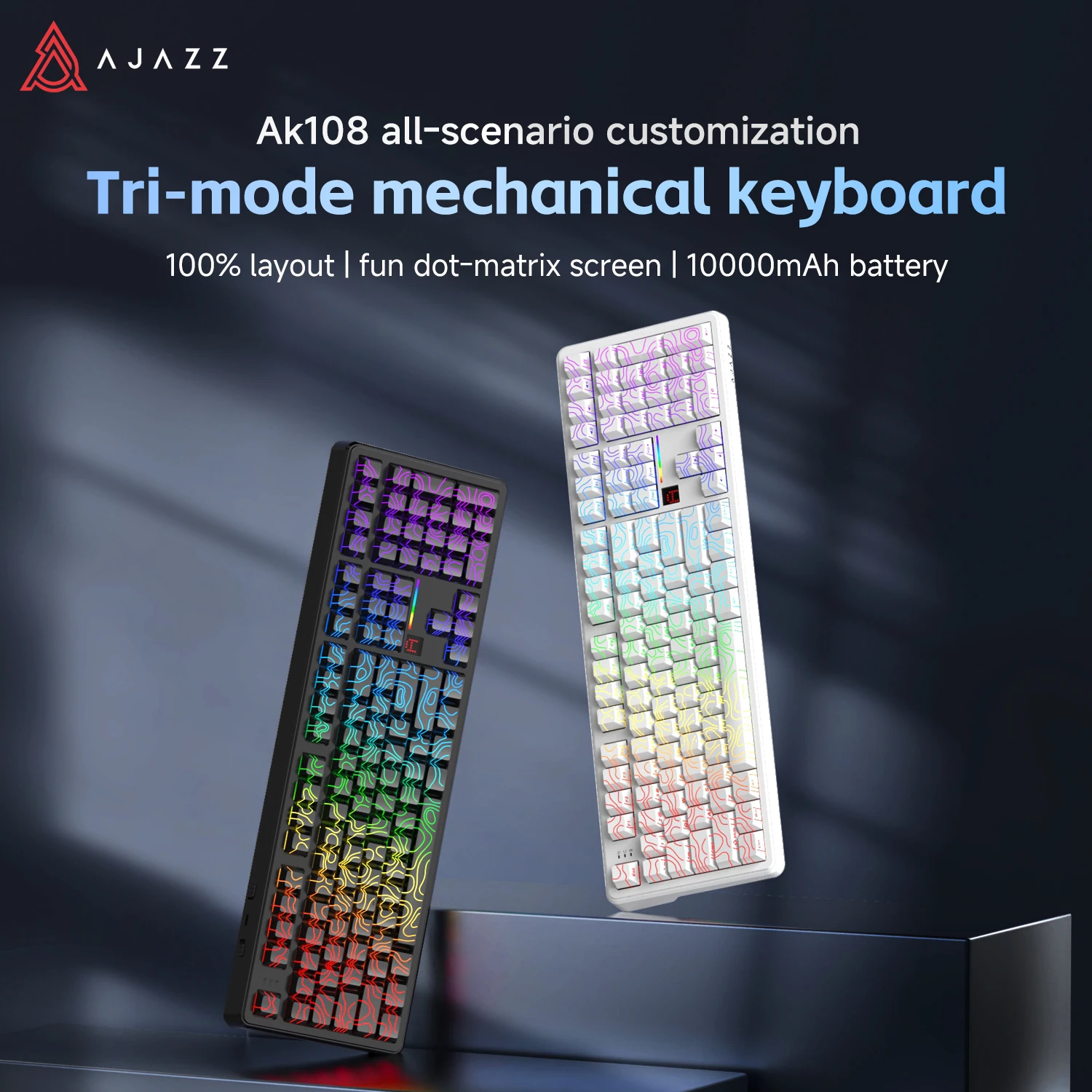 Ajazz 100% layout AK108 wireless gaming mechanical keyboard dot matrix screen display screen Tri mode office keyboard RGB DIY