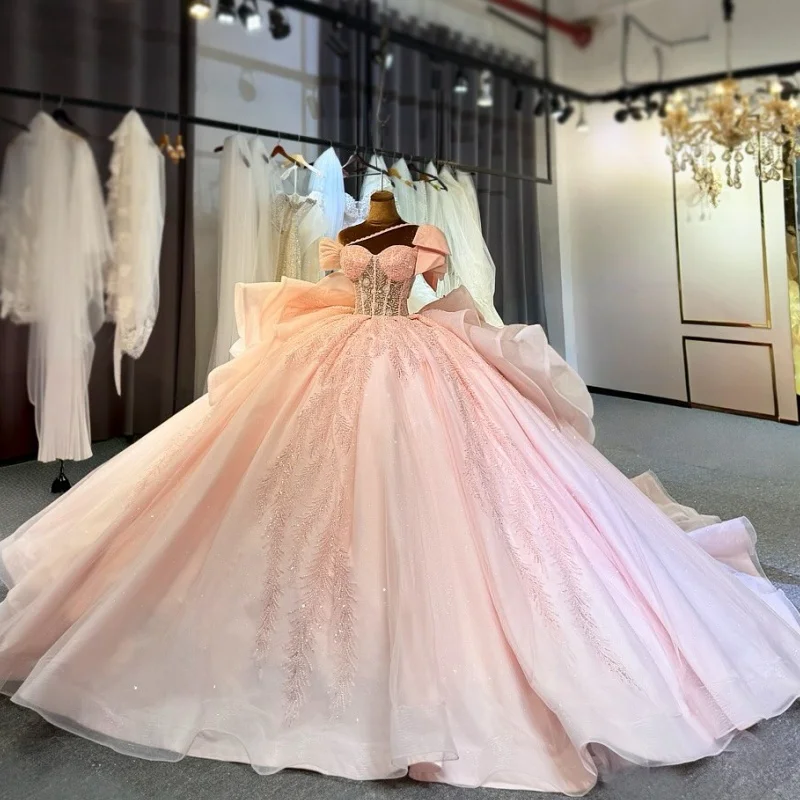 

Light Pink Quinceanera Dresses Off the Shoulder Glitter Decal Layering Long tail Big Bow Vestido De 15 Quinceanera Customize