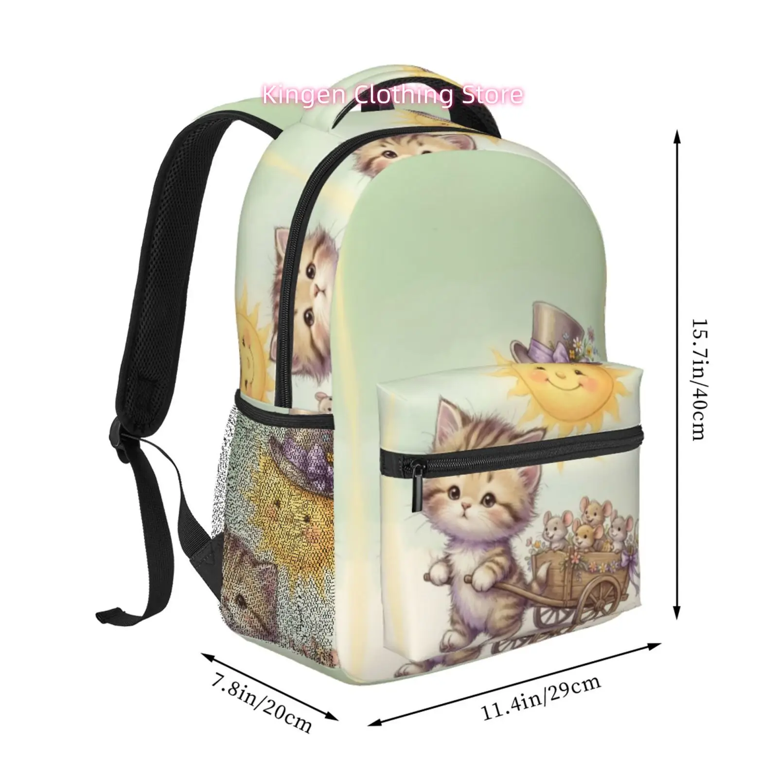 Cute Kitten Pulling Mice Cart with Smiling Sun Print Backpack, Adjustable Shoulder Straps, Oxford Cloth, for Short Trips And Tra