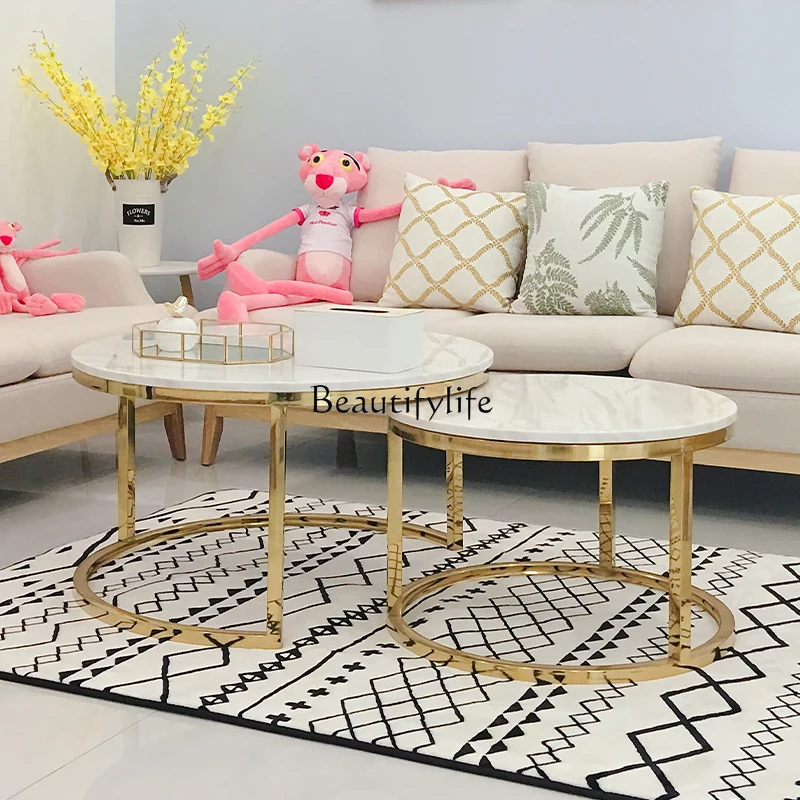 

02Light luxury metal marble coffee table living room round size combination coffee table