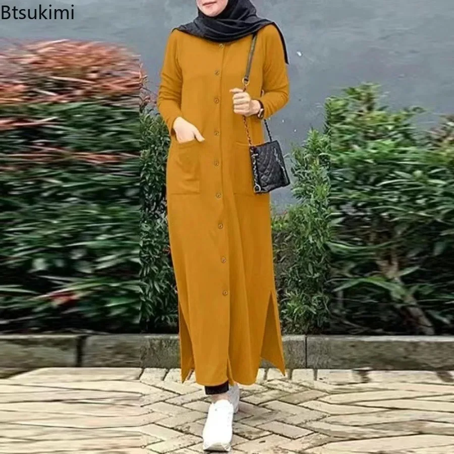 

2025 Fashion Loose Women Clothing Muslim Ramadan Femme Robe Spring Vintage Solid Long Sleeve Casual with Button Shirt Dresses