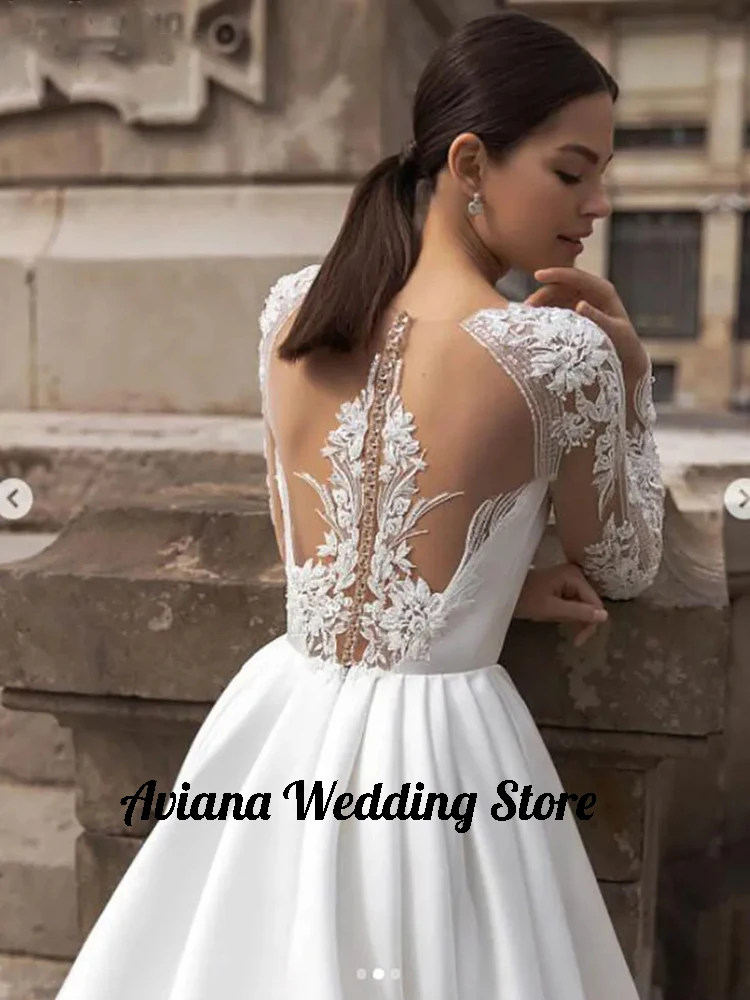 Aviana Elegant Satin Wedding Dresses Lace Long Sleeve Scoop Neck Bride Gowns Illusion Covered Back Sweep Train Vestido de novia