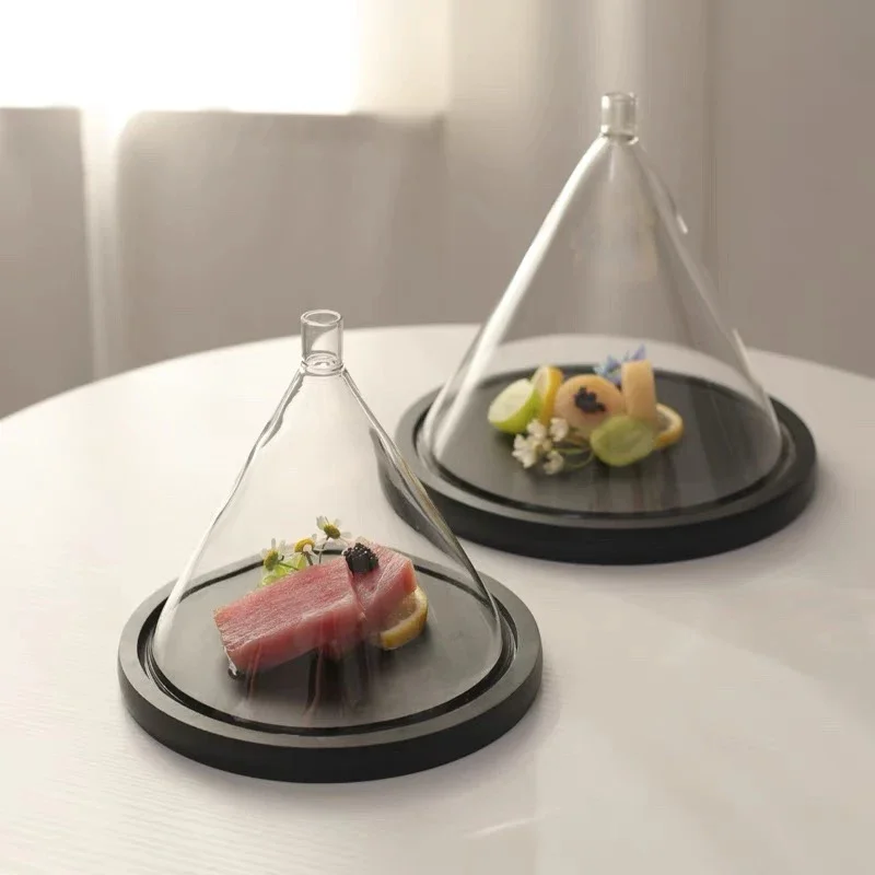 Japanese Wooden Display Tray with Conical Glass Cover Storage Tray Japanese Cuisine Smoked Main Course Display Tray Tableware
