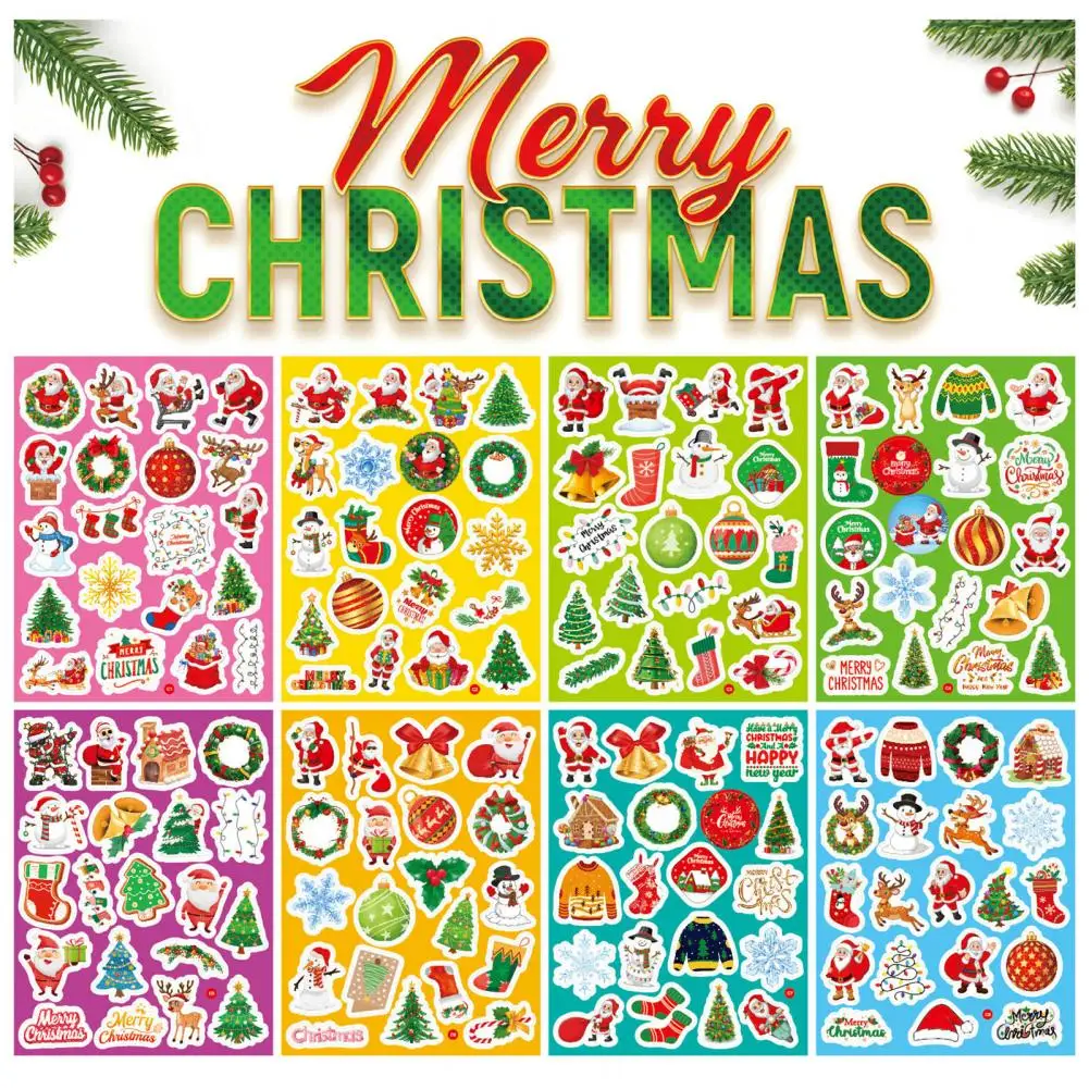 Impermeável Holiday Decoração Adesivos, Festive Vinyl Natal Sticker Set, PVC telefone para crianças, 8 folhas, 160pcs