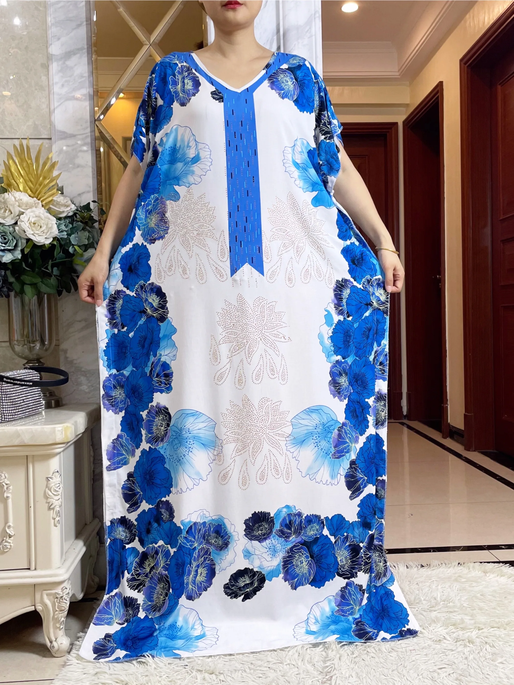 Summer Short Sleeve Printing Cotton Dress With Big Scarf African Dashiki Floral  Loose diamants Caftan Lady  Maxi Casual Vestido