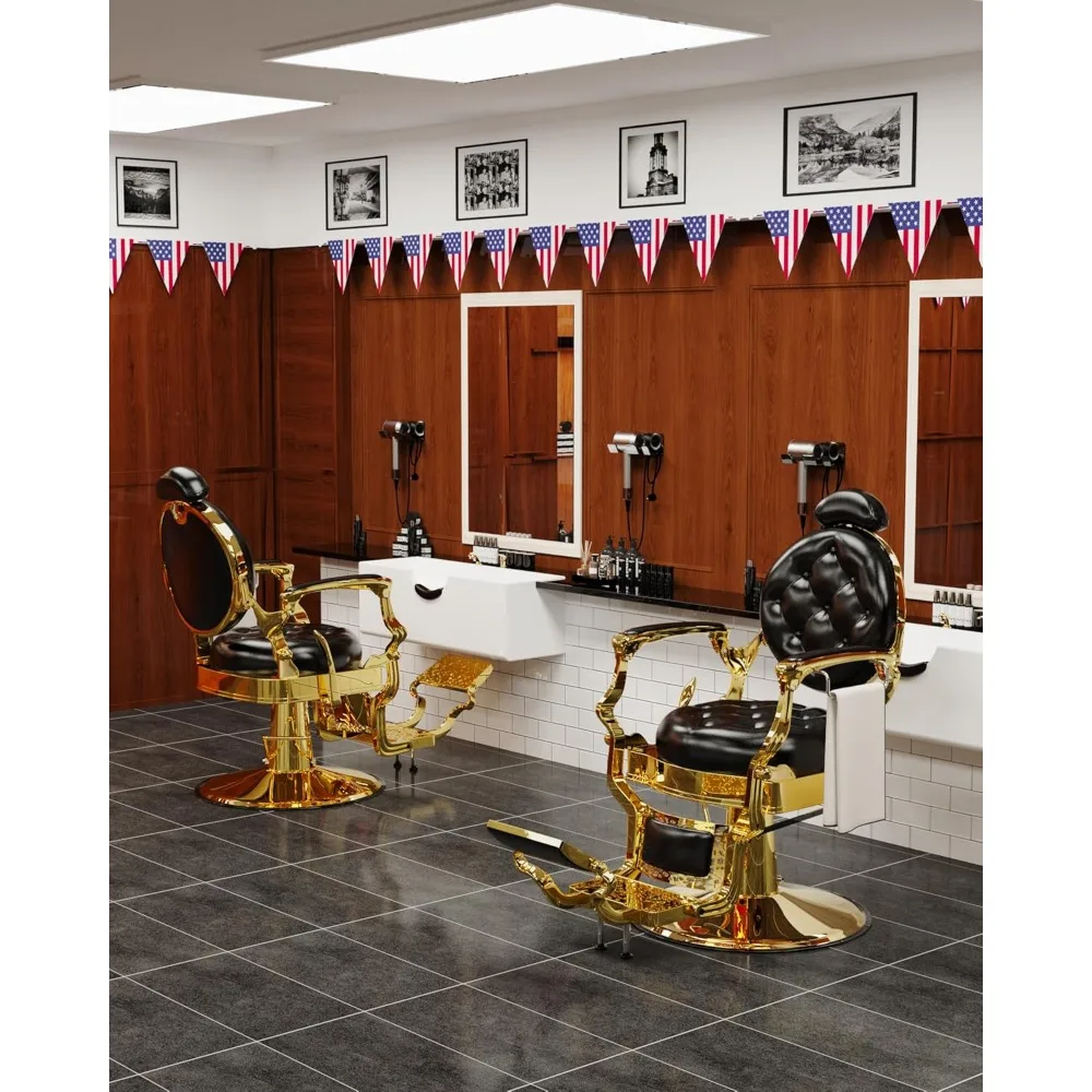 كرسي حلاق مستلق عتيق مع مسند رأس قابل للتعديل، إطار معدني شديد التحمل ودعم الوسادة، كرسي صالون ذهبي
