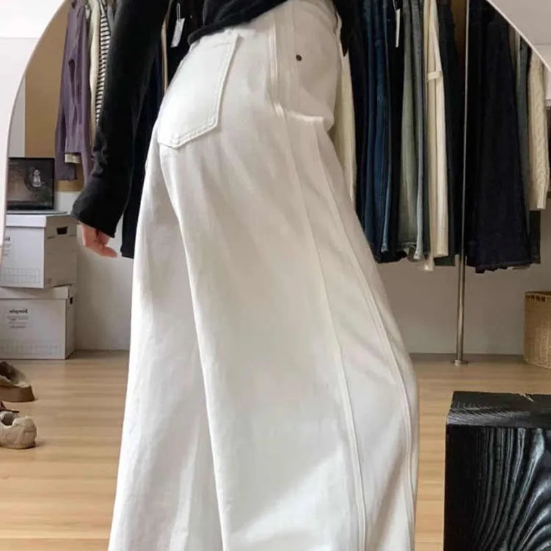 White Wide Leg Denim Pants Women Spring Summer High Waist Loose Straight Trousers High Street Casual Lady Jeans
